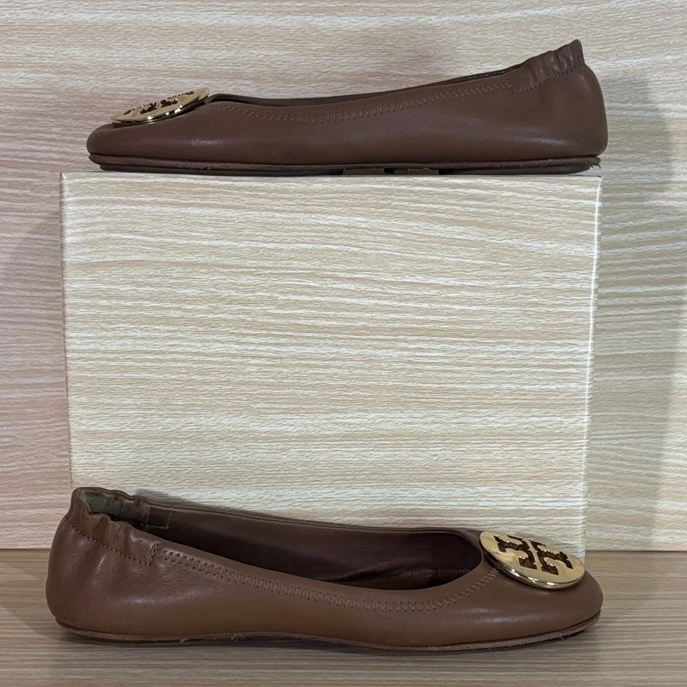 Tory Burch Tan Logo Ballet Flats Leather Round Toe Slip On 7M